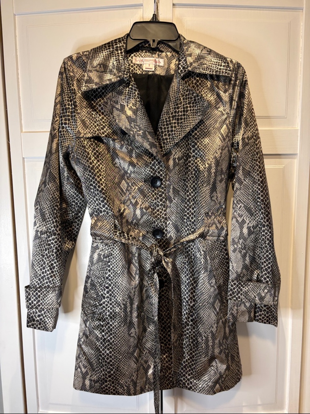 Via Spiga Metallic Snake-Print Trench Coat in Black & Silver